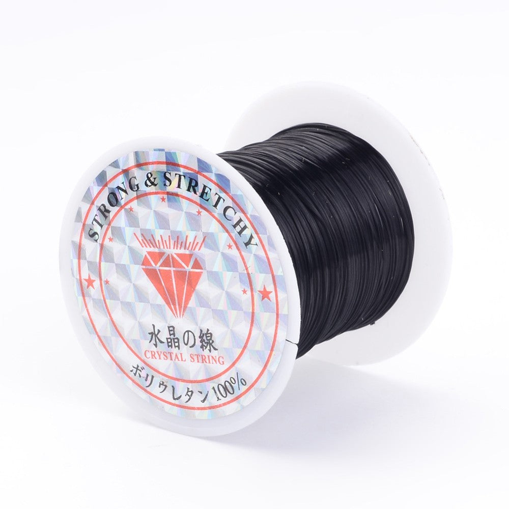 Black crystal string spool with label, flat elastic stretch cord for bracelets