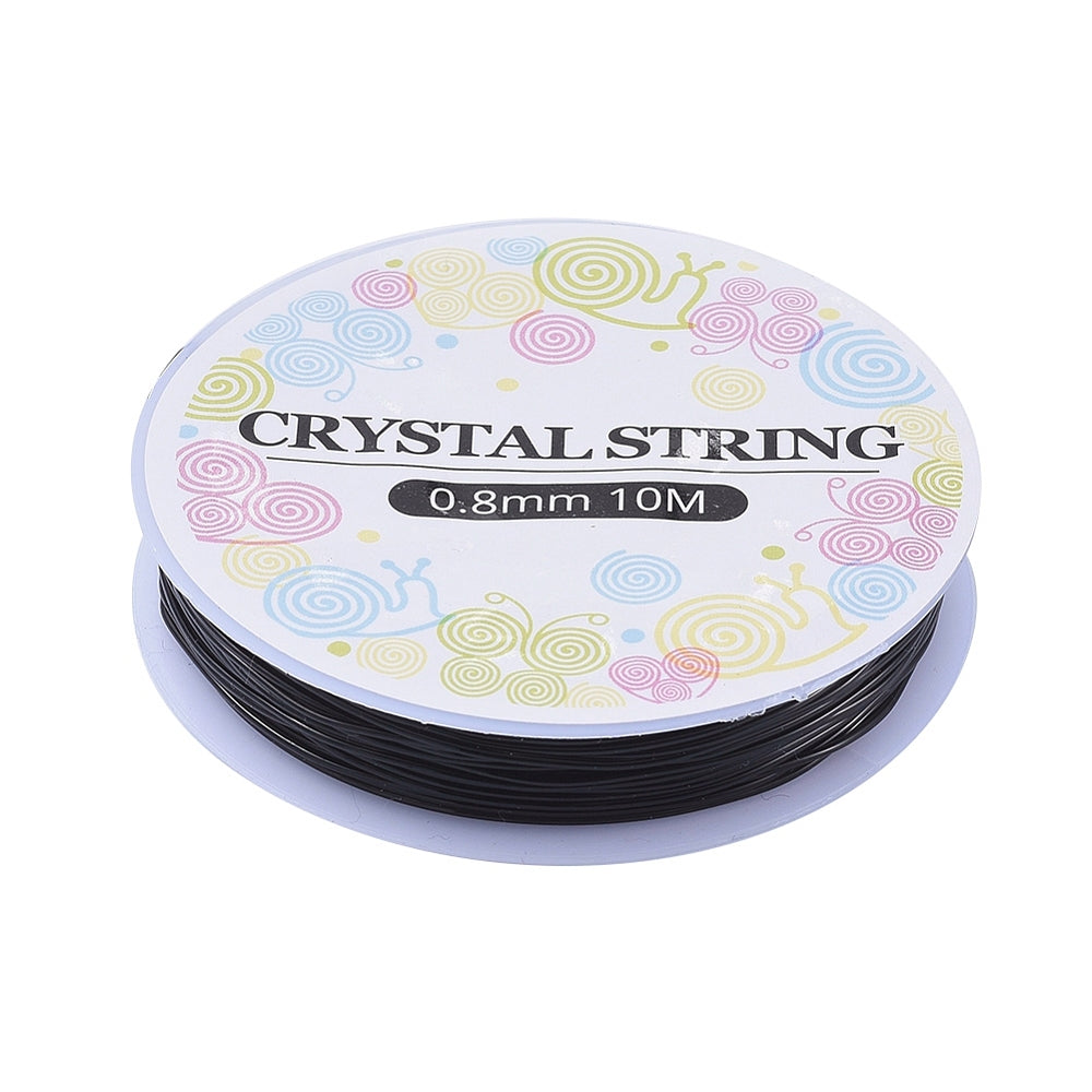 Black crystal string roll labeled 0.8mm and 10M, thin elastic beading cord.