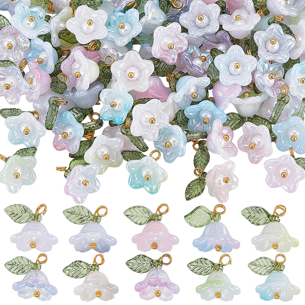 Acrylic flower pendants with brass findings in mixed pastels, gold loops, assorted set