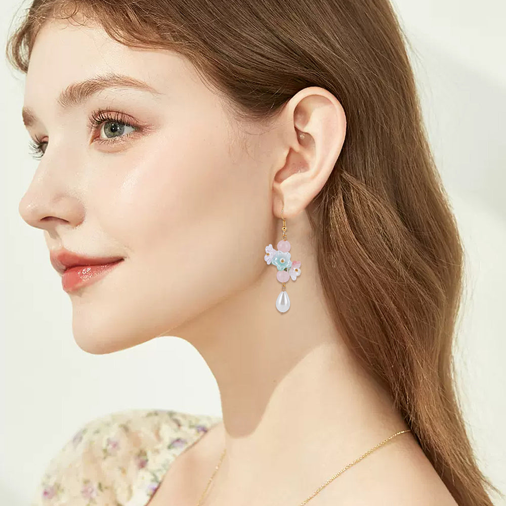 Pastel acrylic flower drop earrings with gold hook and dangling charm