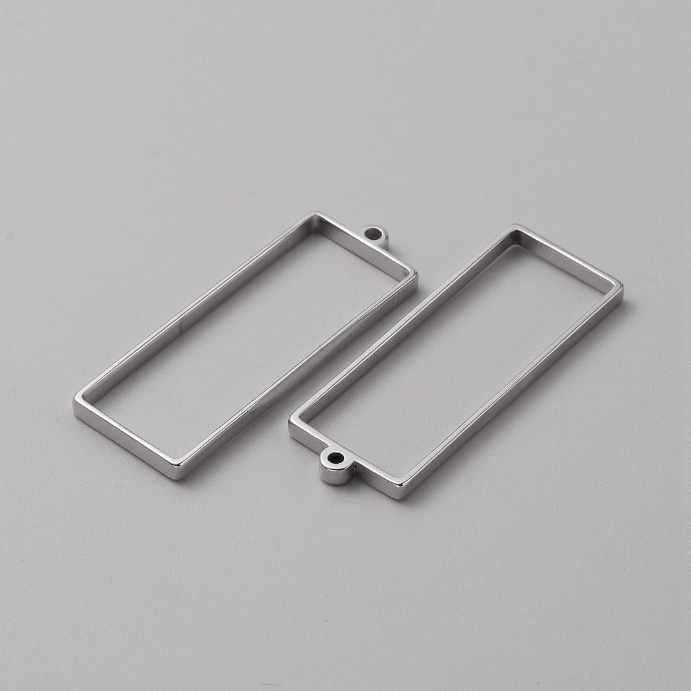 Stainless steel rectangle open-back bezel pendant with mounting holes, for resin casting