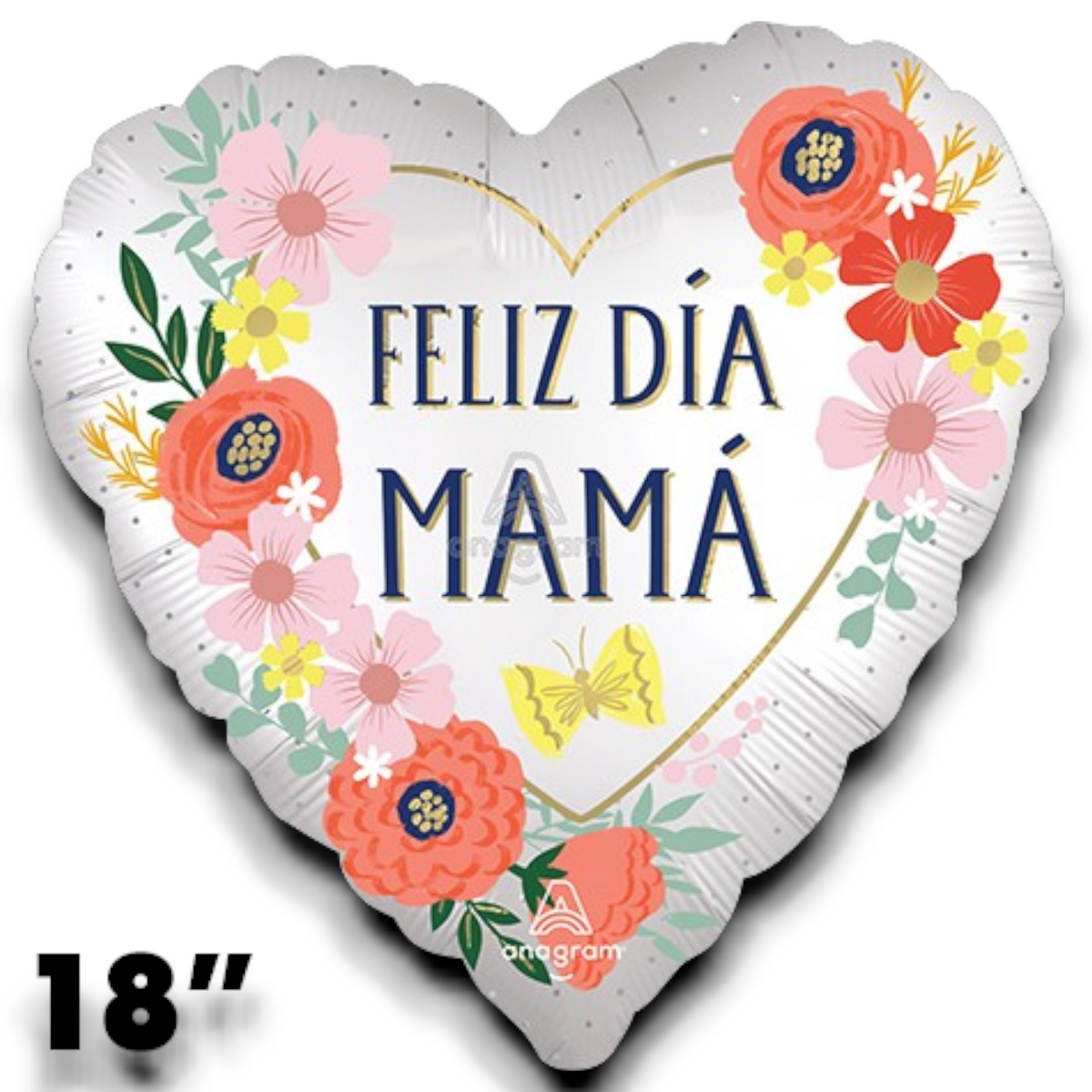 Heart-shaped foil balloon with colorful flowers and 'FELIZ DÍA MAMÁ' text