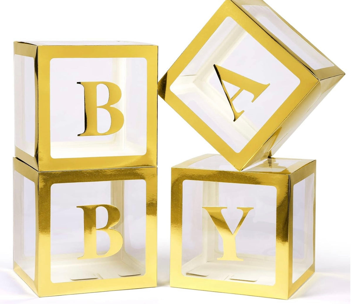 Gold Metallic "BABY" Transparent Cube Box Decoration Set, 4 Pieces
