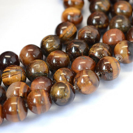 Round tiger eye gemstone beads strand, brown and gold with glossy chatoyancy