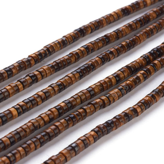 Tiger eye heishi bead strand, flat round 4mm beads in brown with dark stripes