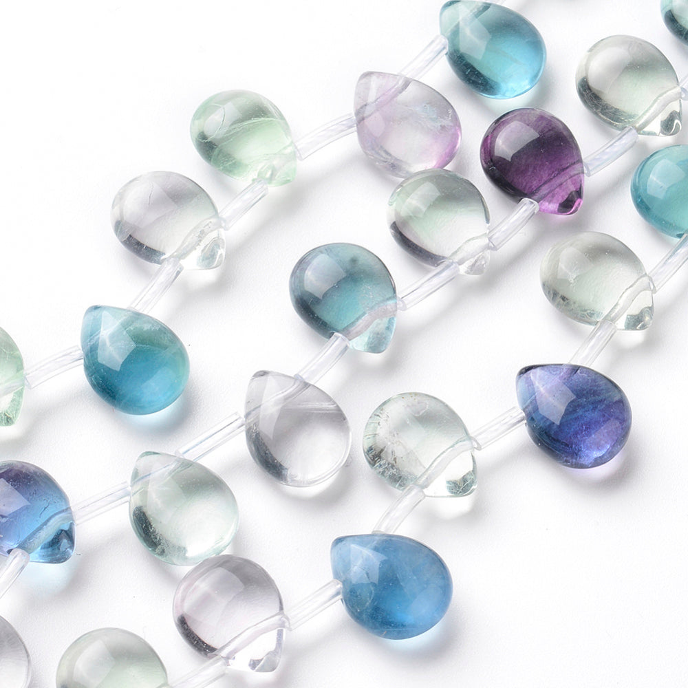 Fluorite teardrop bead strand with assorted aqua, lavender, blue, and clear beads