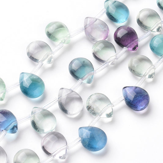Fluorite teardrop bead strand with assorted aqua, lavender, blue, and clear beads