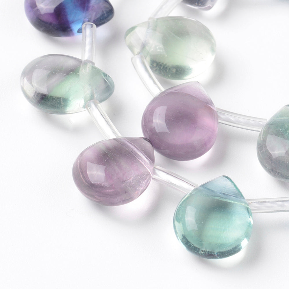 Fluorite teardrop bead strand featuring lavender, mint green, and blue teardrops
