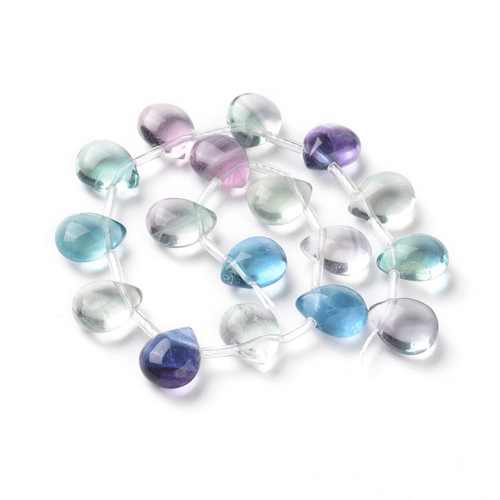 Fluorite teardrop bead strand on clear string with mixed pastel and dark blue beads