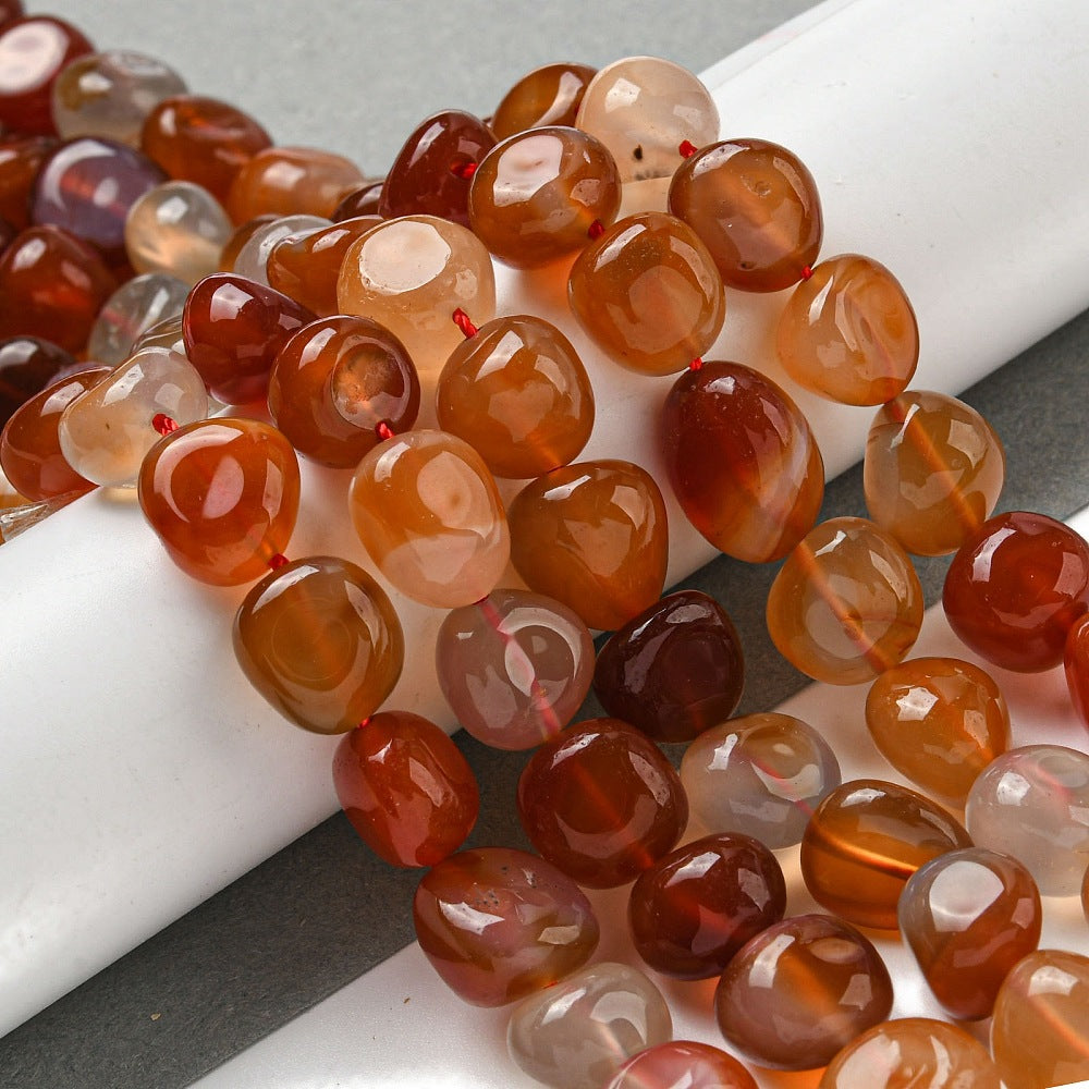 Amber and red agate nugget beads strand with glossy translucent round nuggets