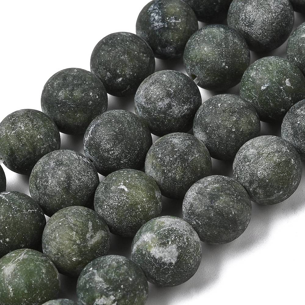 Dark green round jade beads, frosted texture, close-up cluster