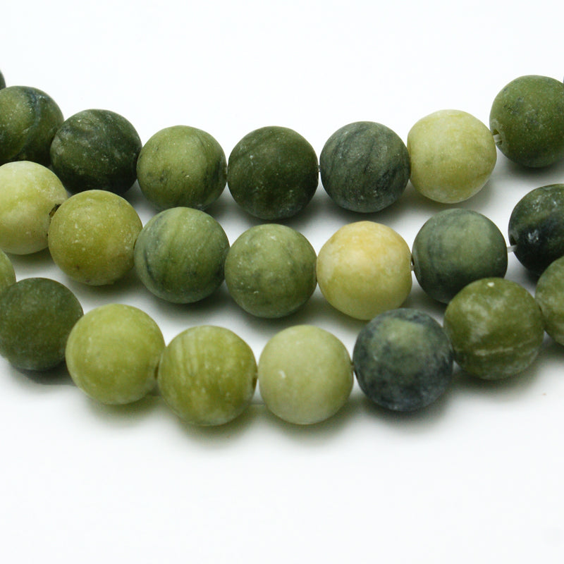 Green round jade beads, frosted finish, mixed light and dark beads