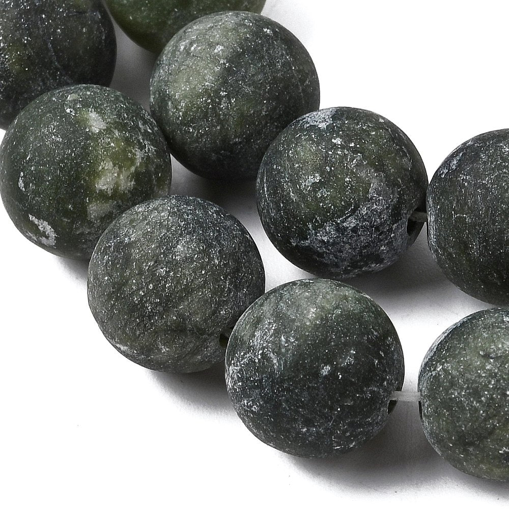 Round dark green jade beads, frosted speckled texture, tight close-up