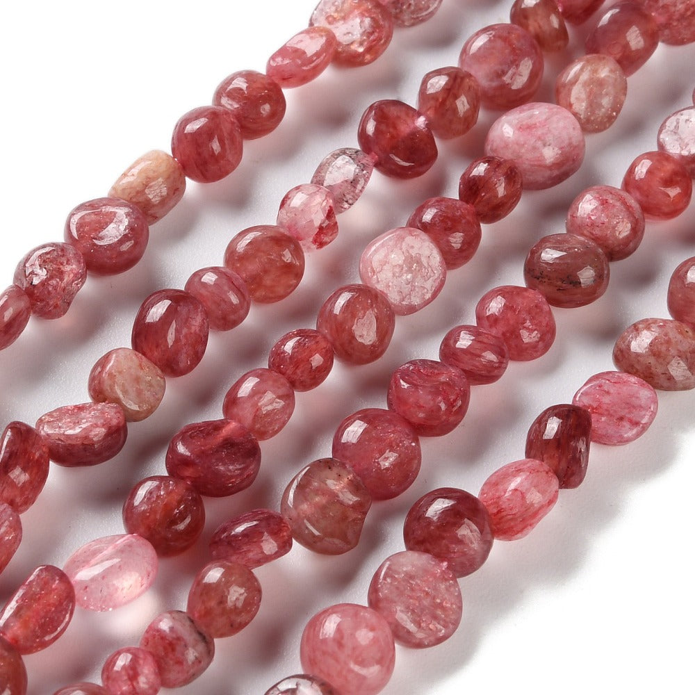Strawberry quartz tumbled nugget beads strand with pink-red speckled nuggets