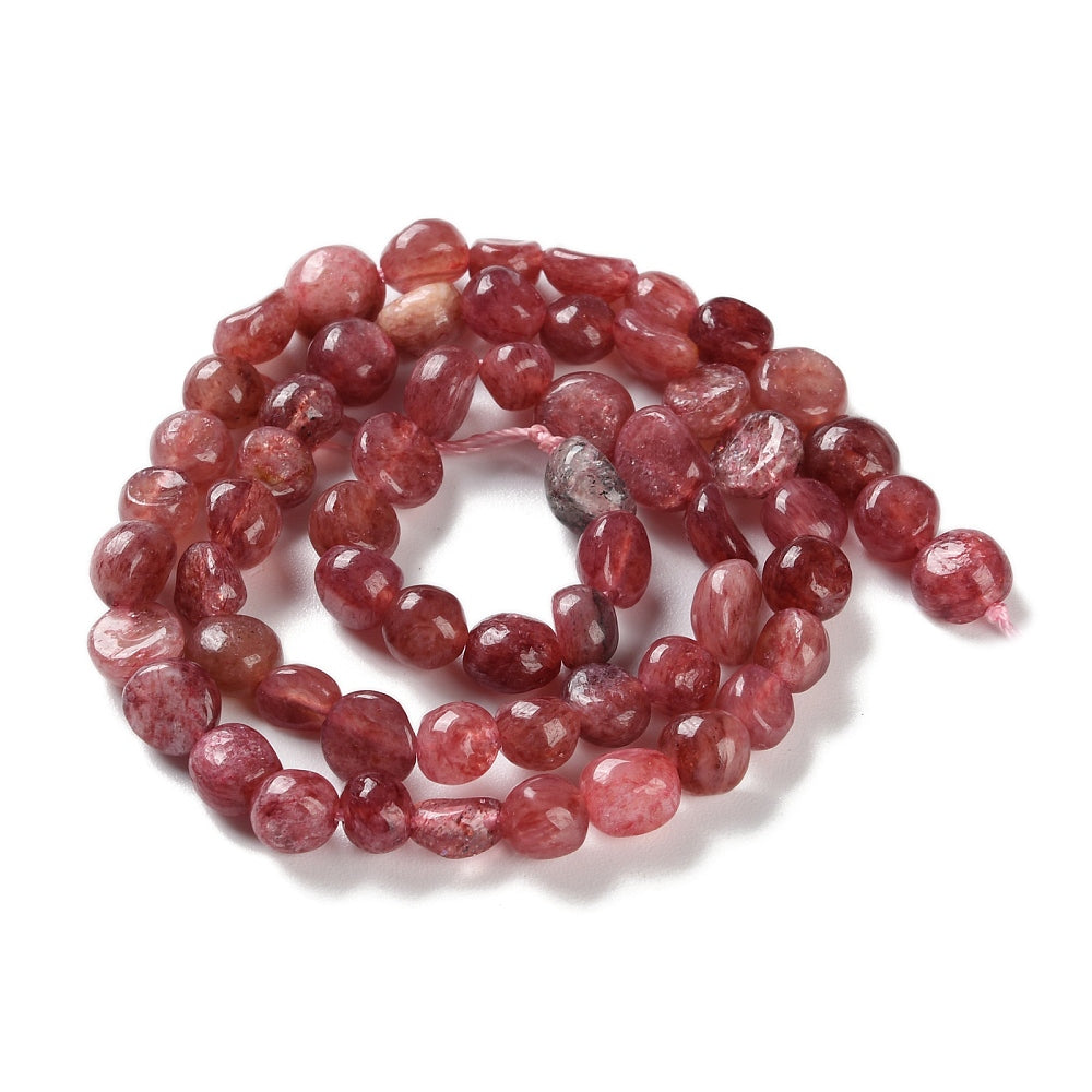 Strawberry quartz bead strand with tumbled oval nugget beads, pink-red translucent look