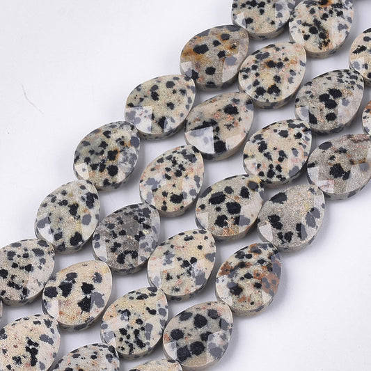 Faceted dalmatian jasper bead strand, spotted teardrop shapes