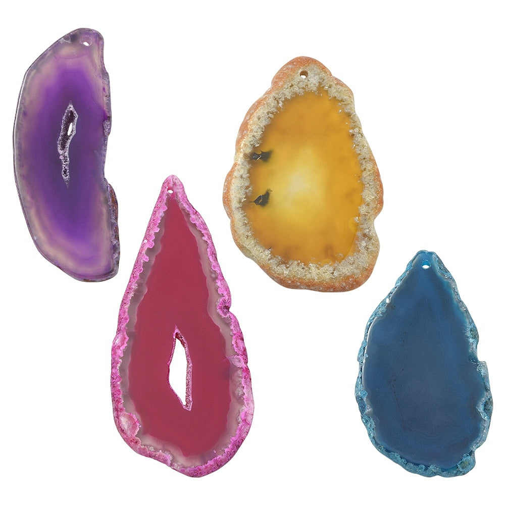 Agate pendant set with purple, magenta, yellow and blue drilled slices