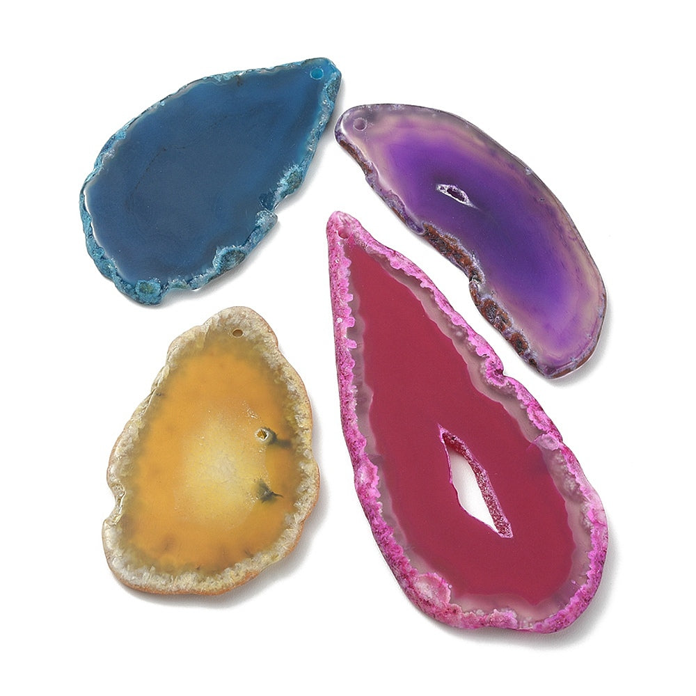 Drilled agate pendant slices in blue, purple, magenta and yellow