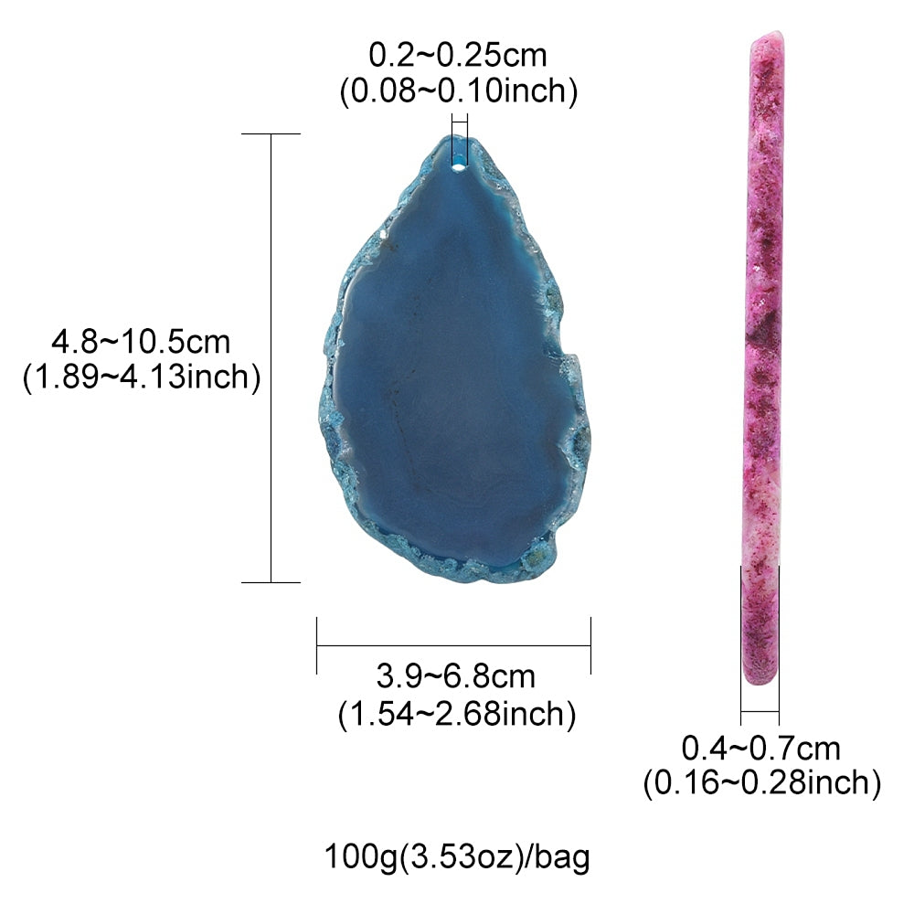 Blue and pink agate pendant slices with hanging holes and measurement markings
