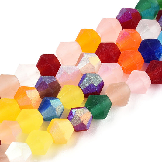 Frosted glass bicone beads, faceted hex shapes, multicolor mix, 3.5mm