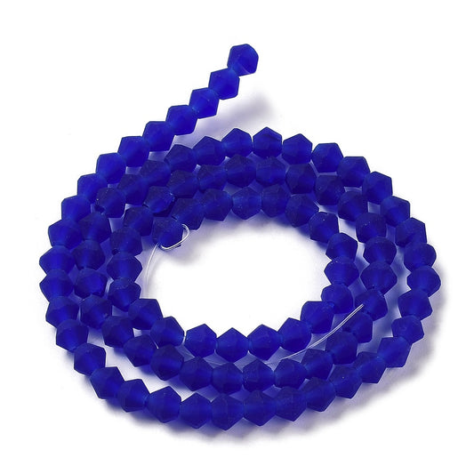 Frosted bicone glass bead strand in dark blue, faceted, with 1mm hole