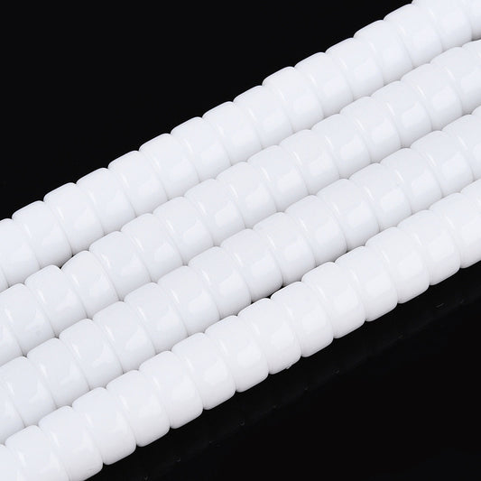 White opaque glass flat round bead strand, smooth flat discs on a string
