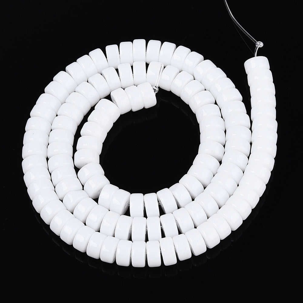 White opaque glass flat round beads strand, tightly strung round disc beads