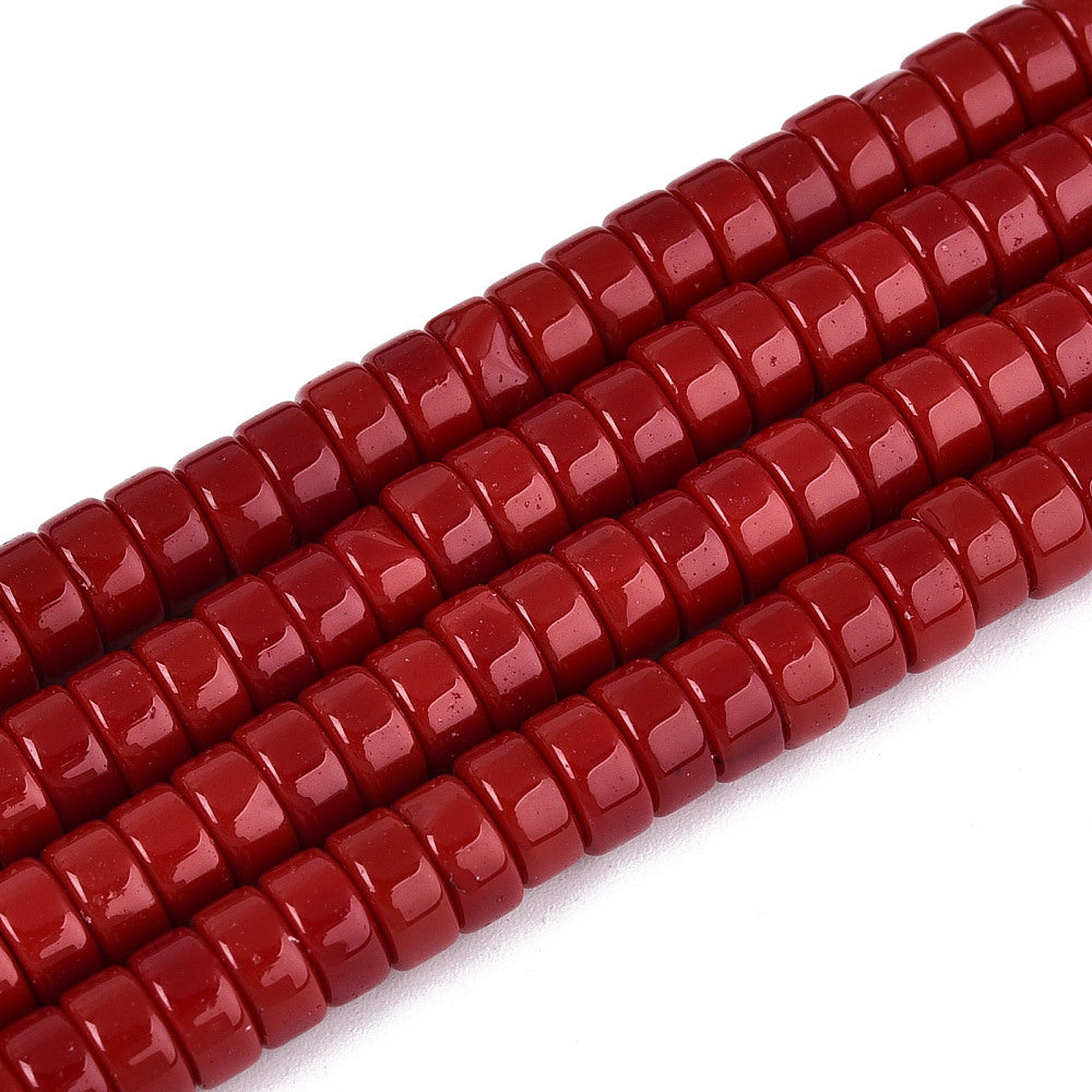 FireBrick red opaque flat round glass beads strand, smooth glossy finish