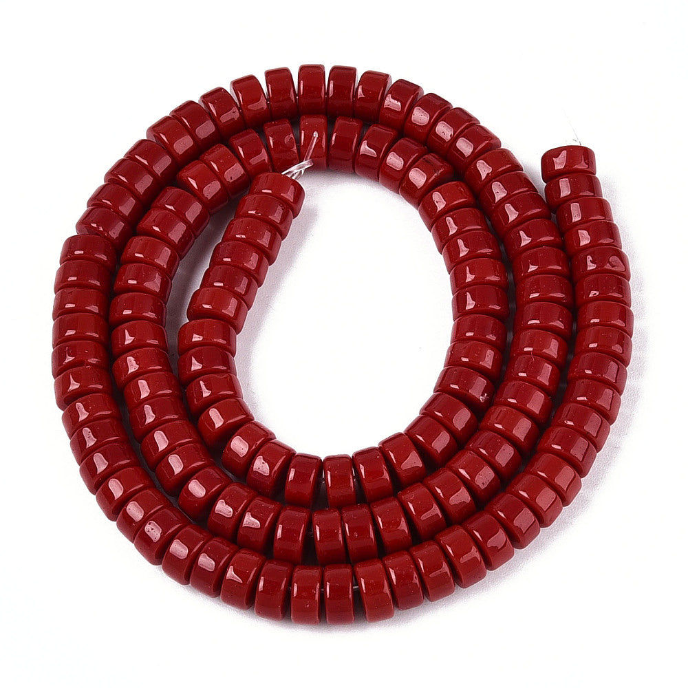 FireBrick red opaque flat round glass beads strand, coiled loop view