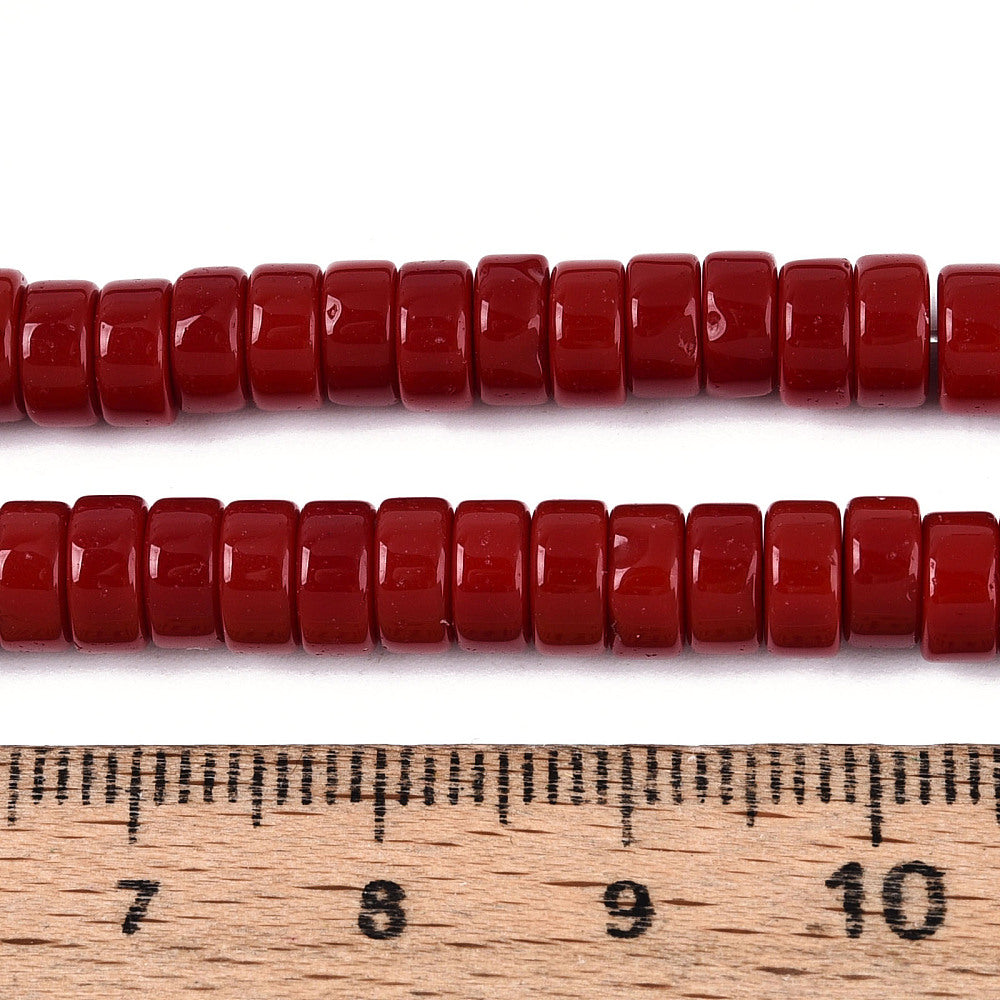 FireBrick red opaque flat round glass beads strand with ruler scale, glossy beads