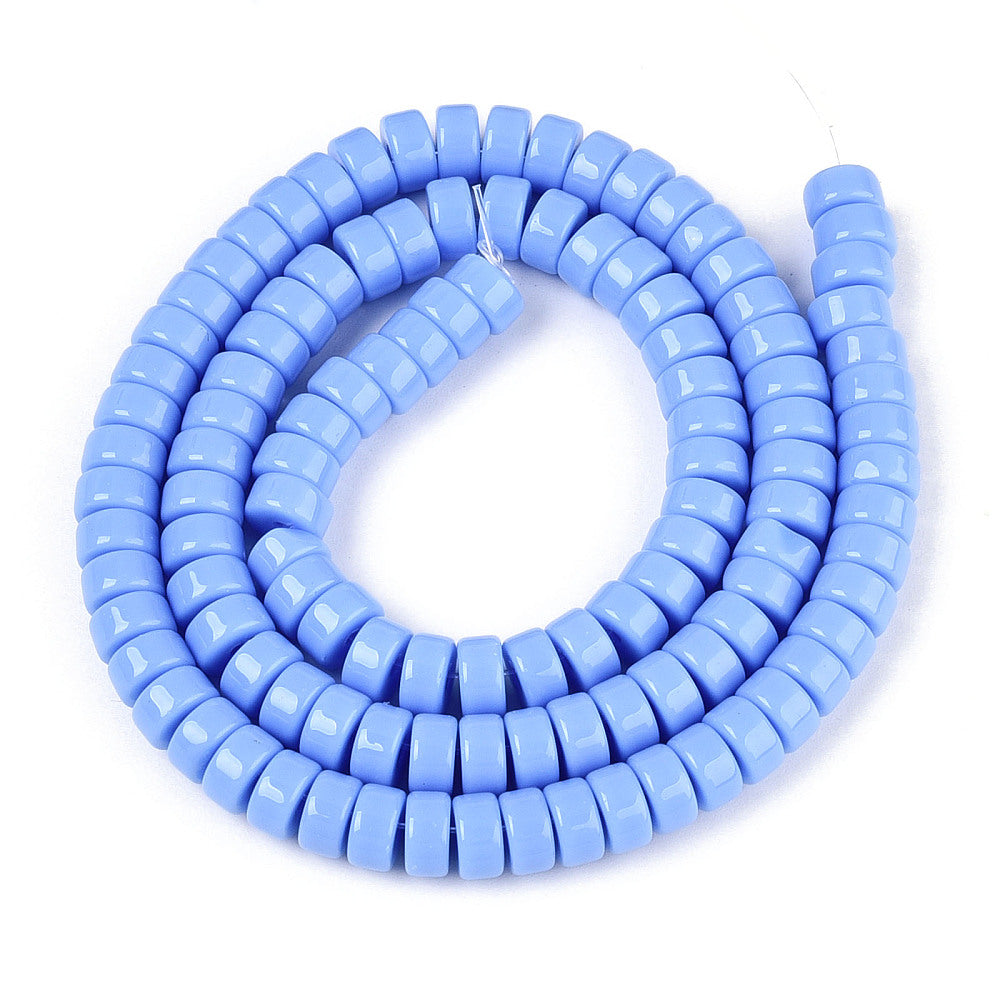Cornflower blue flat round glass beads strand, looped view