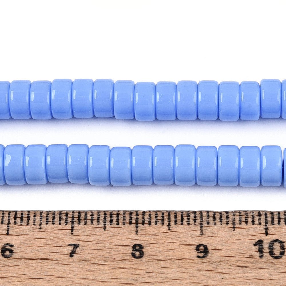 Cornflower blue flat round glass beads strand with measuring ruler
