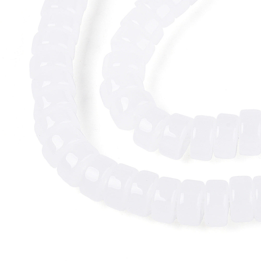 White flat round glass bead strand with smooth, glossy surface detail