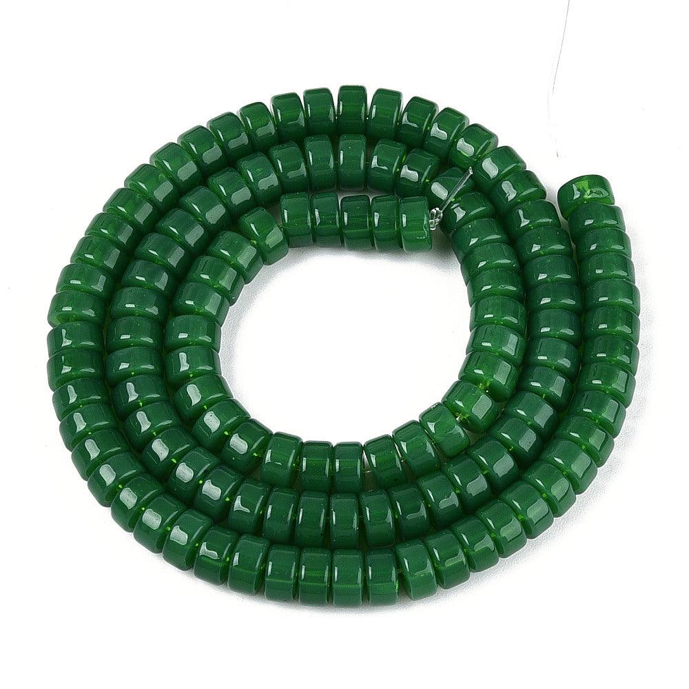 Green round bead strand in loop, glossy beads with central hole
