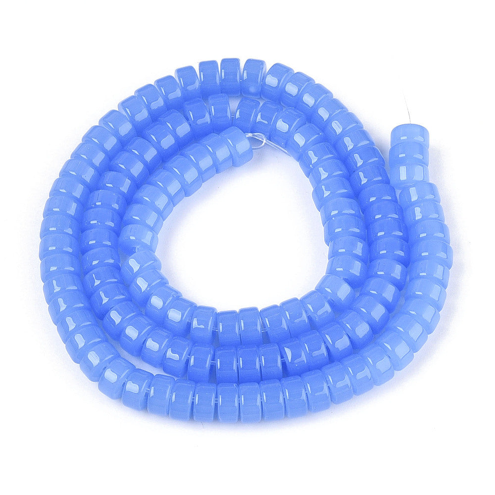 Cornflower blue flat round glass beads strand, looped coil with central holes