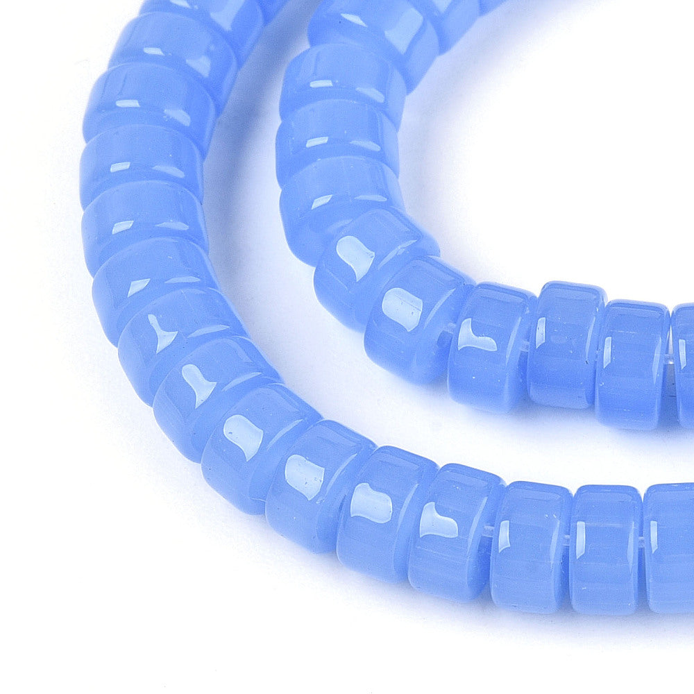 Cornflower blue flat round glass beads strand, glossy beads with visible center holes