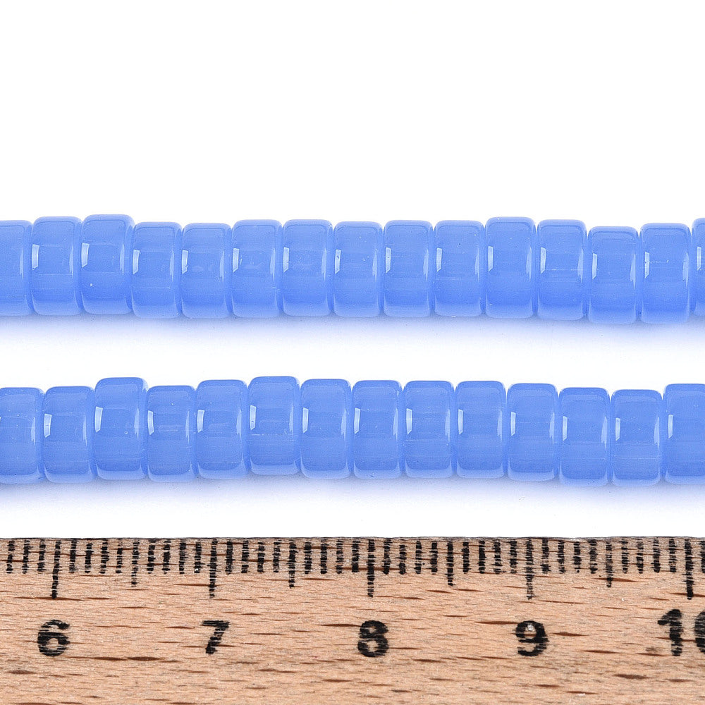Cornflower blue flat round glass beads strand, faceted look and central holes