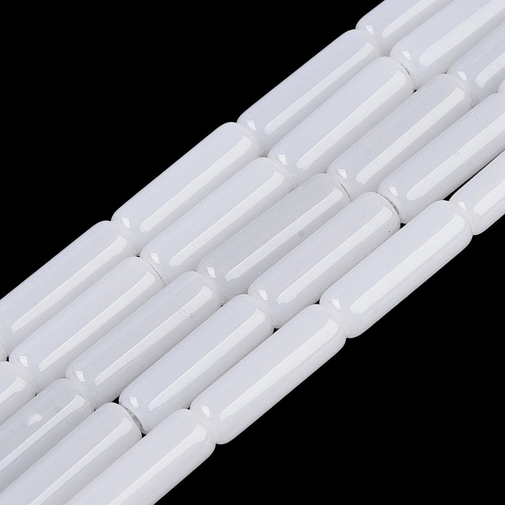White glass bugle beads strand with smooth tube-shaped beads