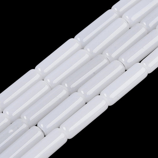 White glass bugle beads strand with smooth tube-shaped beads