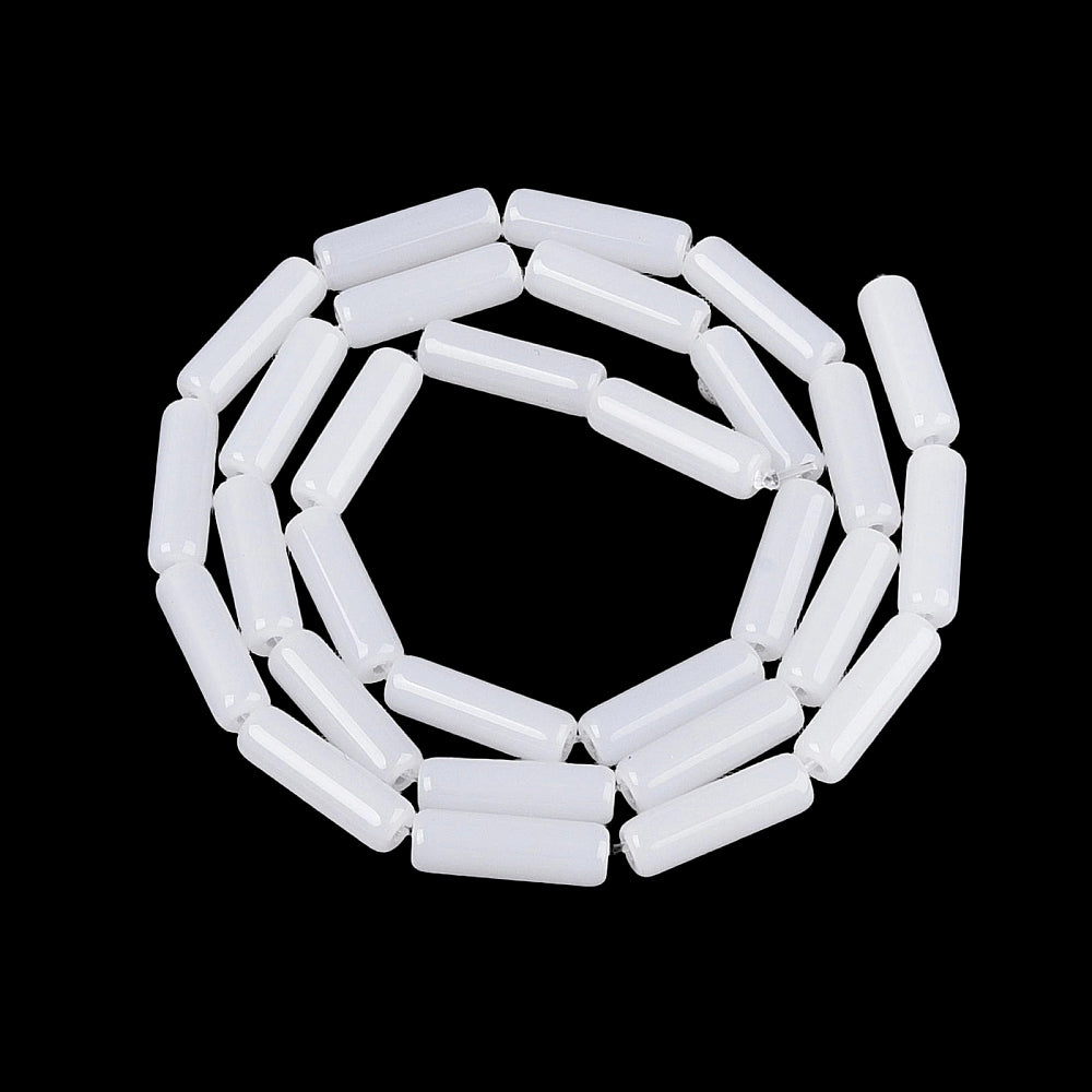 White bugle bead strand formed into a loop of long cylindrical beads