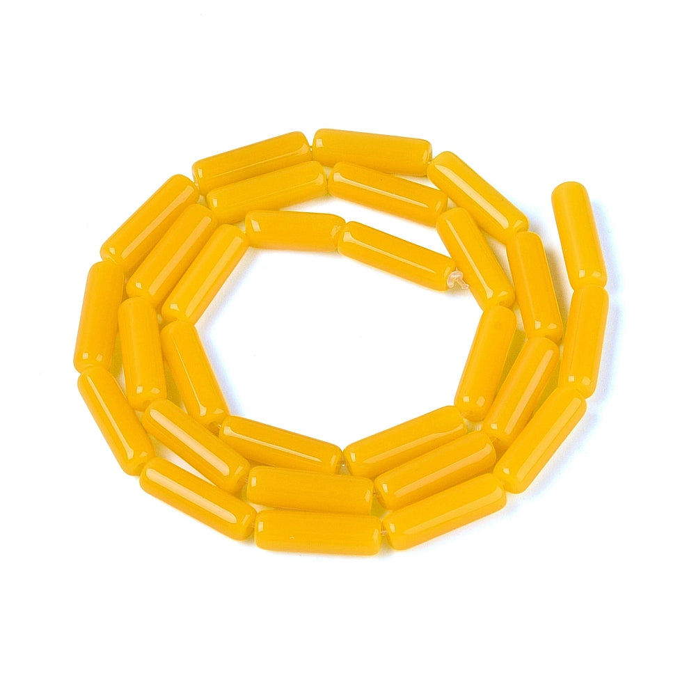 Gold yellow bugle bead strand, looped circular arrangement of tube beads