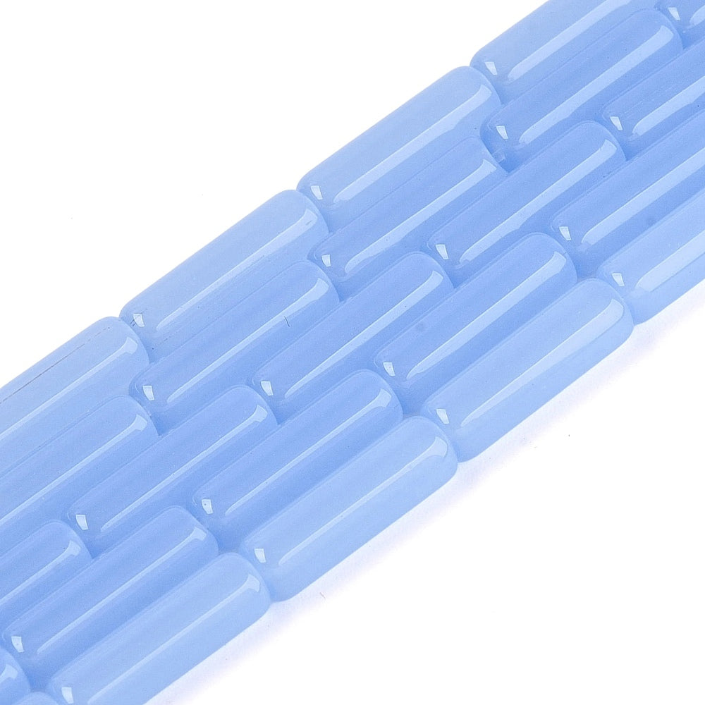 Cornflower blue glass bugle beads strand with faceted tube shapes, close-up