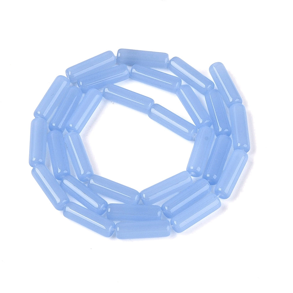 Cornflower blue glass bugle beads strand forming a loop, faceted tubes