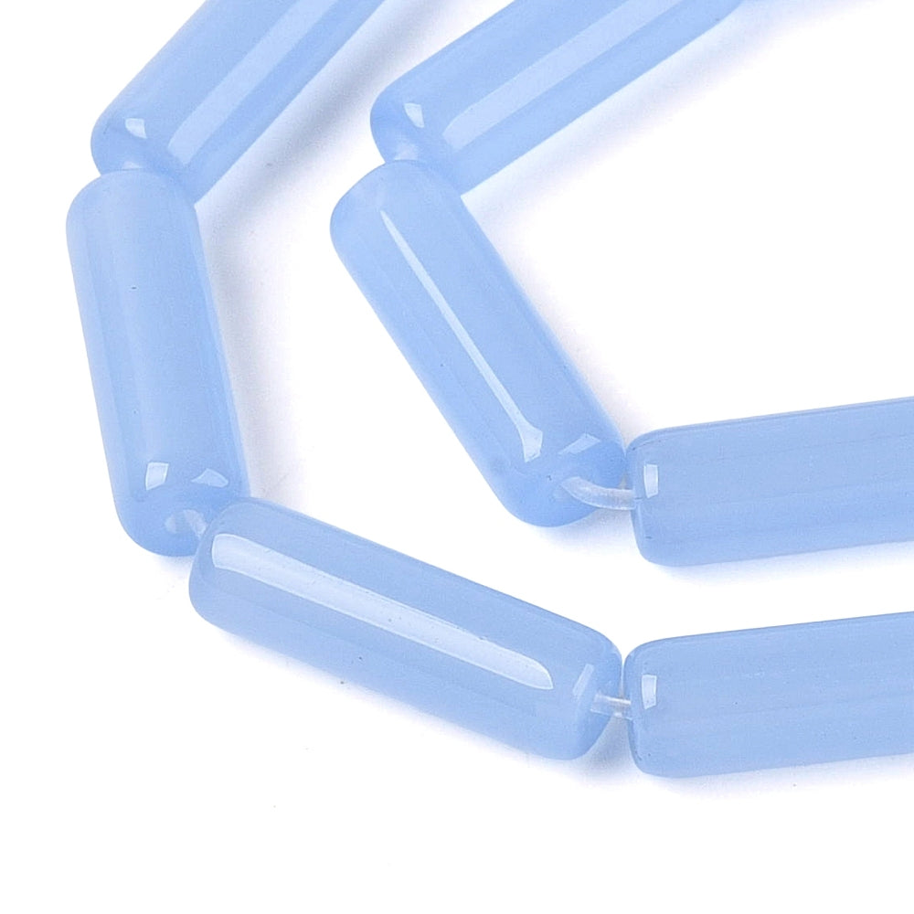Cornflower blue glass bugle beads strand, curved row of faceted tubes
