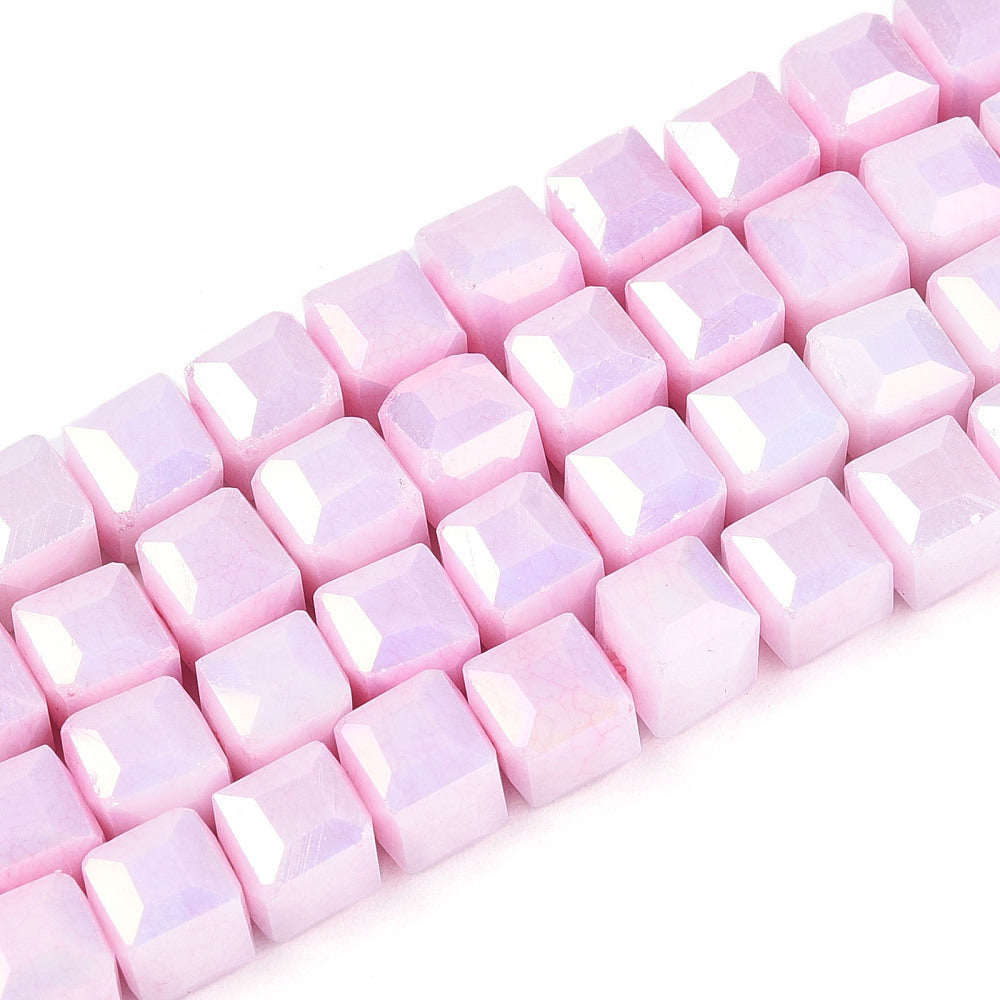 Pink AB faceted cube glass beads strand, iridescent square beads with drilled hole