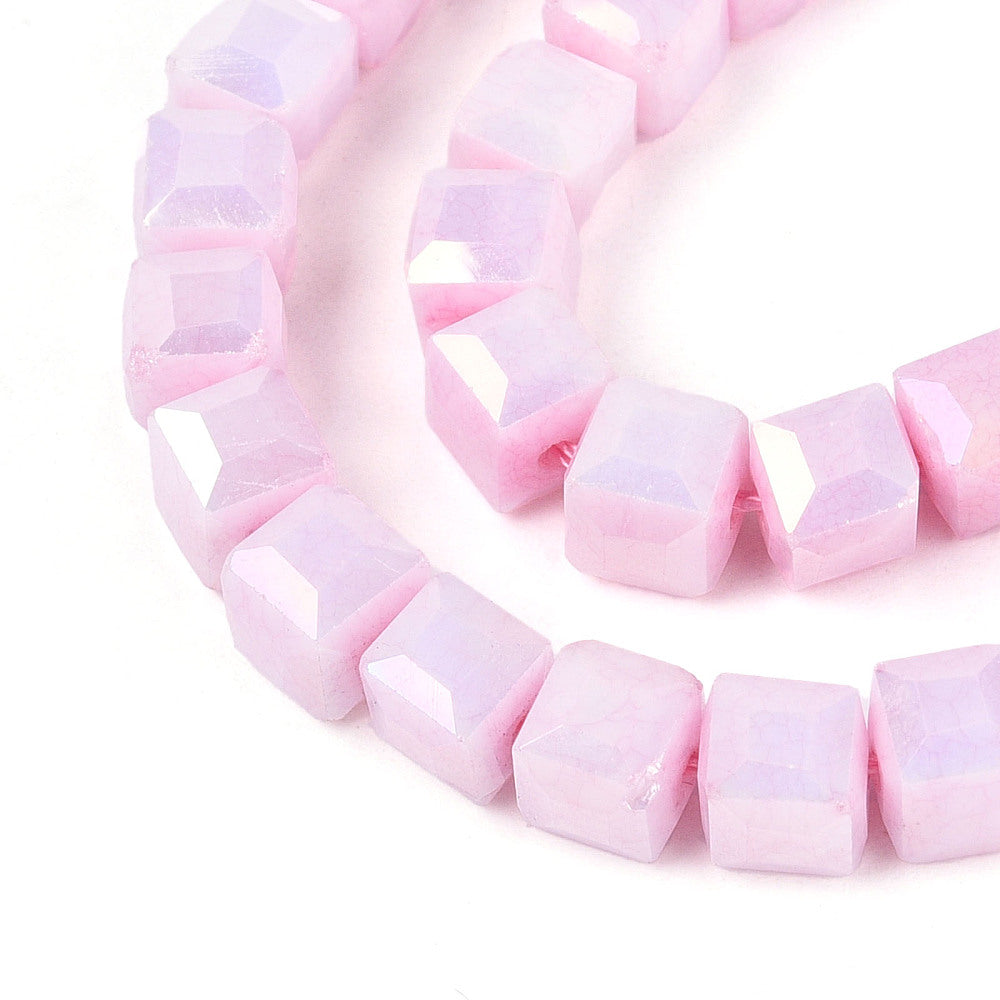 Pink AB faceted cube glass beads, close view of stacked square bead facets