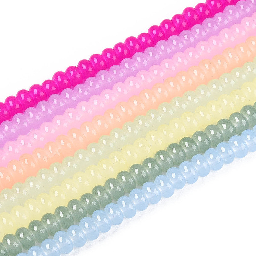 Mixed-color bead strand with glossy pink, peach, green, and light blue round rondelle beads