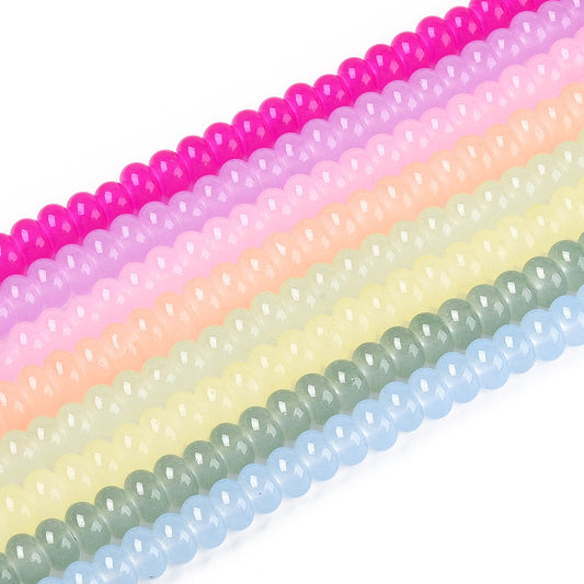 Mixed-color bead strand with glossy pink, peach, green, and light blue round rondelle beads