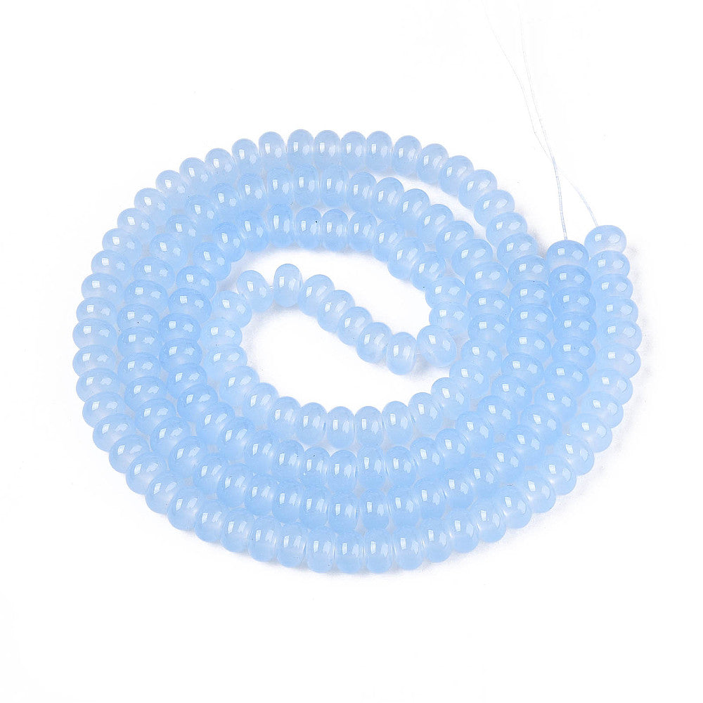 Light blue glossy round glass rondelle bead strand in a loop