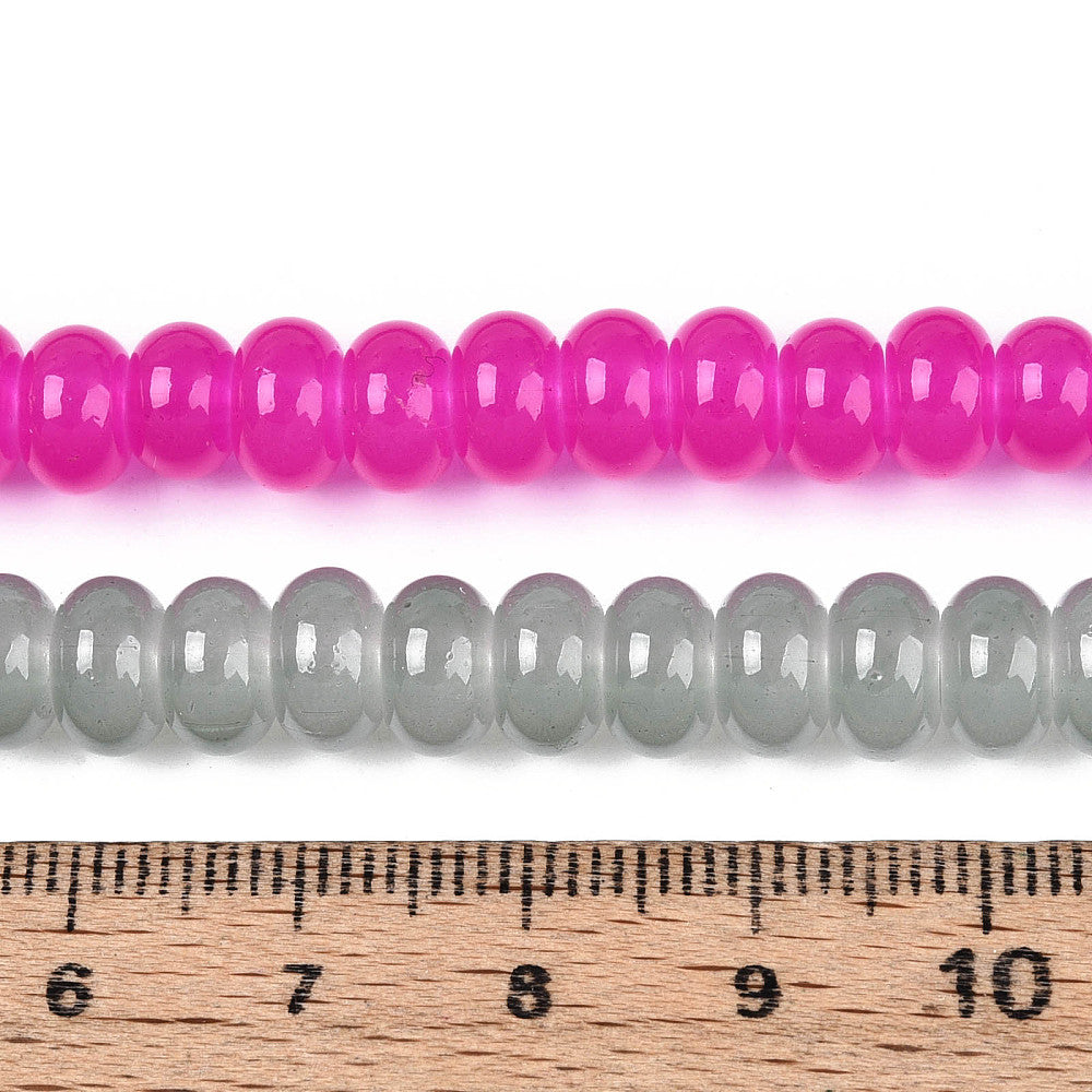 Bead strand of glossy pink and gray round glass rondelle beads, about 7.5–8mm